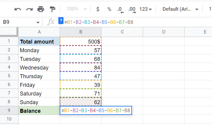 How to find the balance by subtracting all the values or cell references in one go.