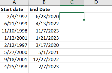 Sample data for calculating age between 2 dates