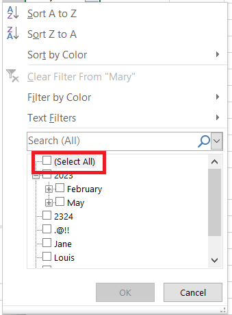 In the filter menu, uncheck the Select All option to deselect all values.