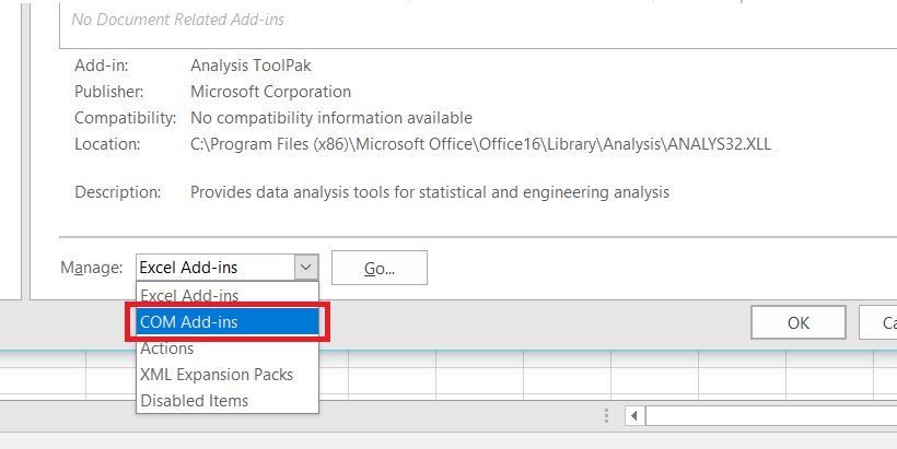 Go to the drop-down for Manage and choose COM Add-in and click Go.
