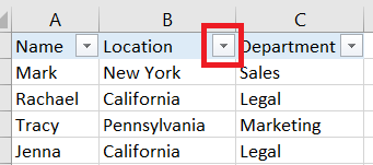 A red markup box showing the filter arrow in the column header for duplicates.