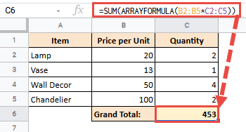 =SUM(ARRAYFORMULA(B2:B5*C2:C5))