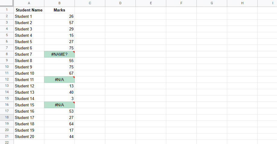 Highlighted cells with errors