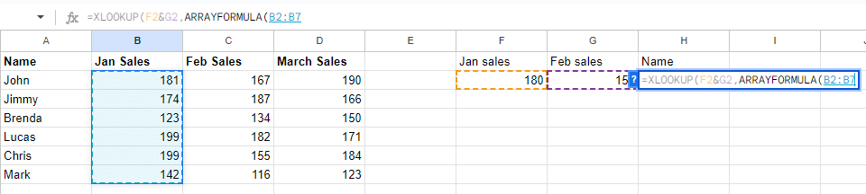 In the brackets, select the lookup range for the first lookup value.