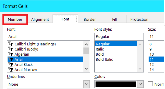 In the Format Cells dialog box, select the Number tab.