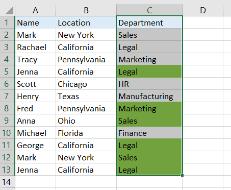 The exampls spreadsheet with highlighted duplicates without the 1st instances