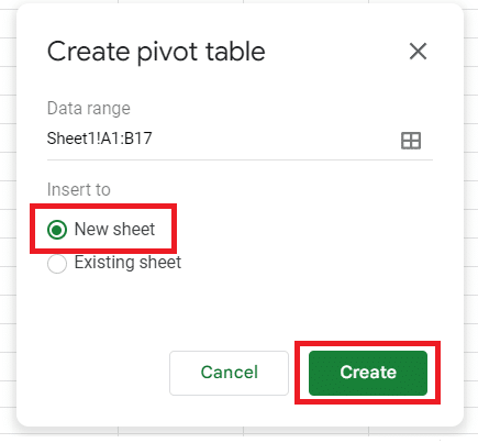 Choose either a New or existing Sheet