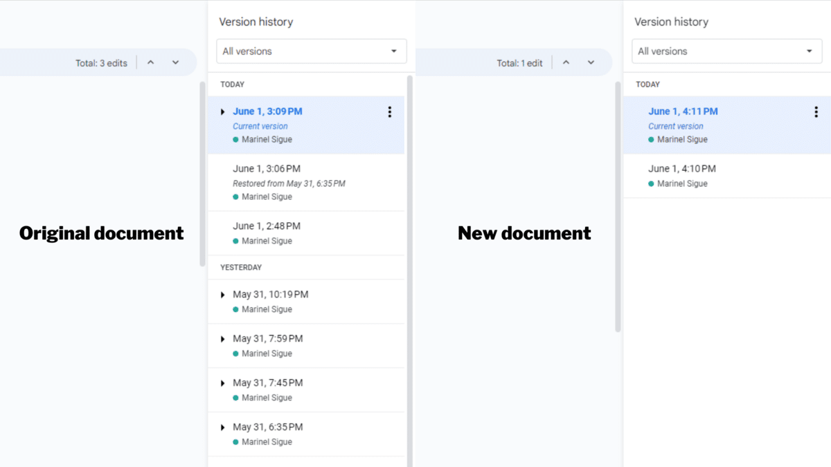 Comparison of version history of both documents