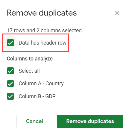 Check the Data has header row option