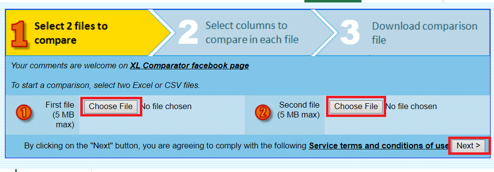 Click Choose Files to upload your 2 Excel files and click on the Next button.