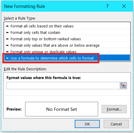 Red markup showing how to use a formula to determine a cells format in Excel