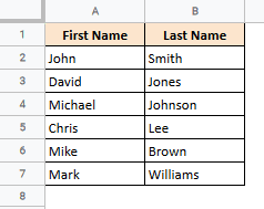 A list of first and last names