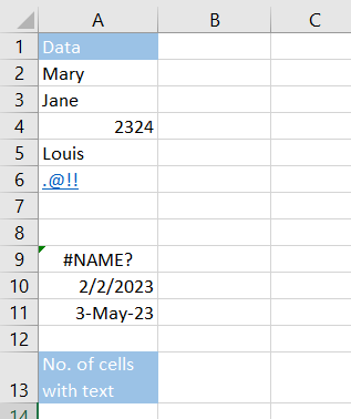 Excel count cells with text—Example Excel worksheet