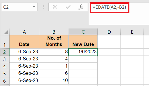 Enter the EDATE formula to subtract dates