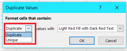 A red markup box indicating where to select if you want to highlight duplicates or unique values