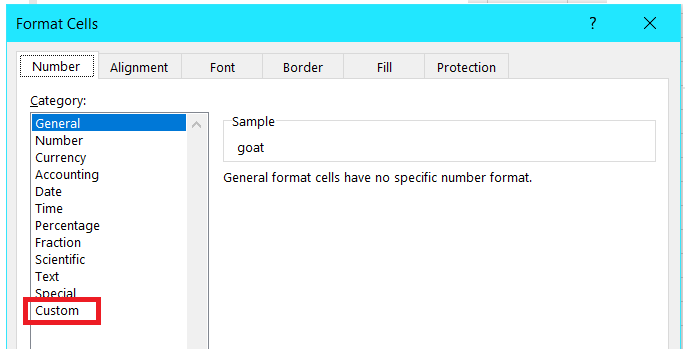 The Custom option within Format Cells