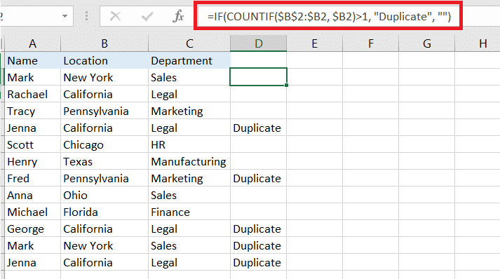 Sample results for using the COUNTIF function to show duplicates