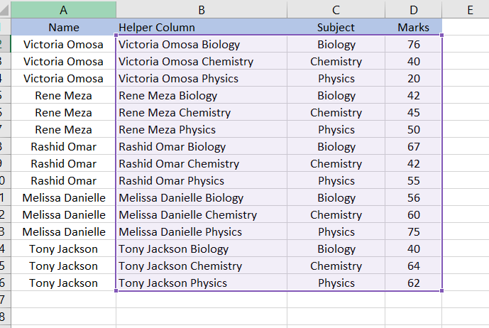 Select the range from the helper column and a comma.