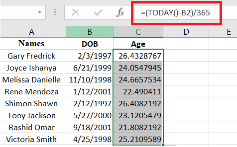 Divide the results by 365 to get the results in years