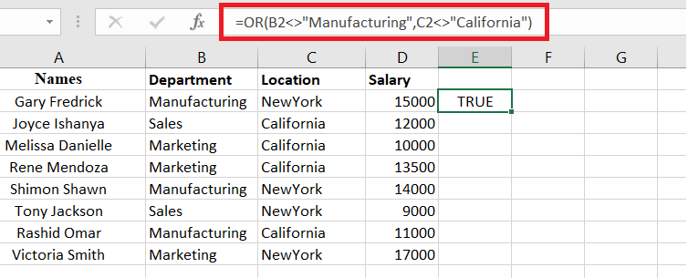 Excel formula using "does not equal to" and OR function