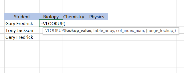 In the cell you want, type =VLOOKUP().