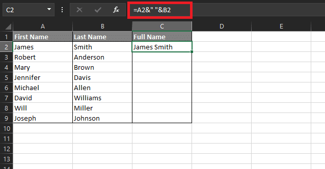 Use the & symbol to combine rows in Excel