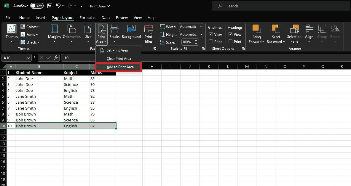 Where to find the "Add to print area" option in Excel.