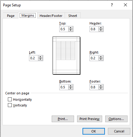 Customized margins dialog box in Excel