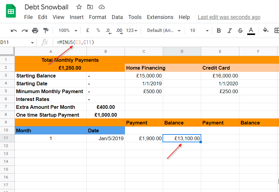 Example data for payment and balances