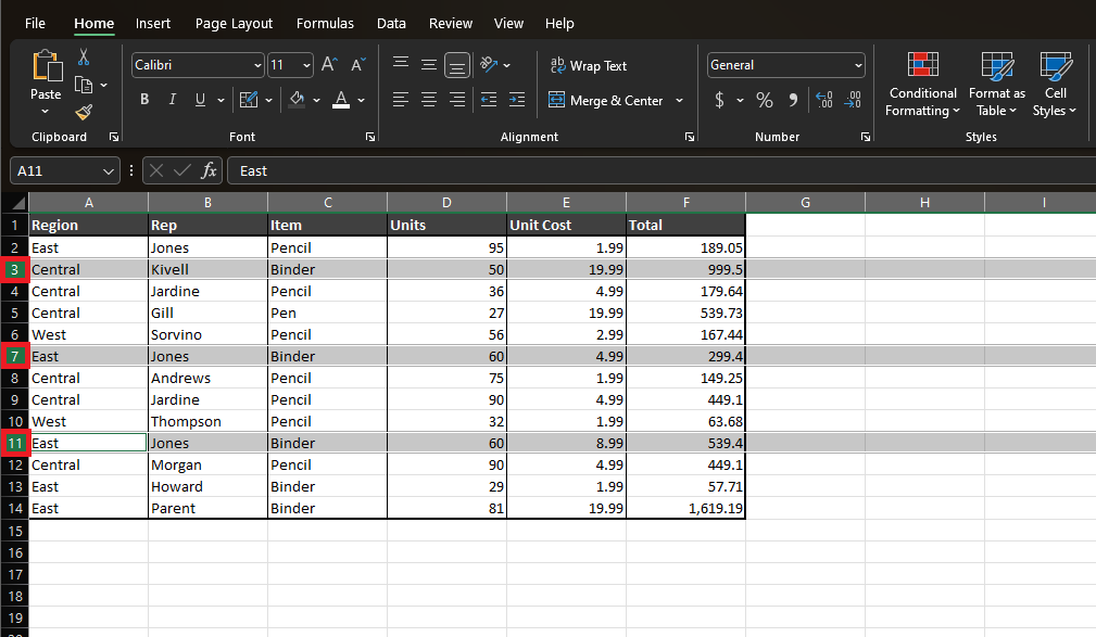 How to collapse rows in Excel—example Excel spreadsheet