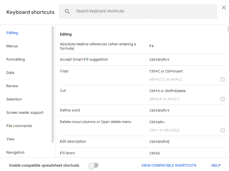 The keyboard shortcut finder in Google Sheets