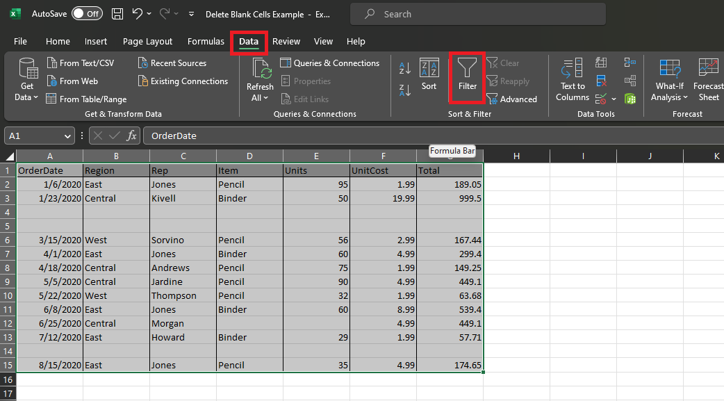 Use a filter to remove blank rows in excel