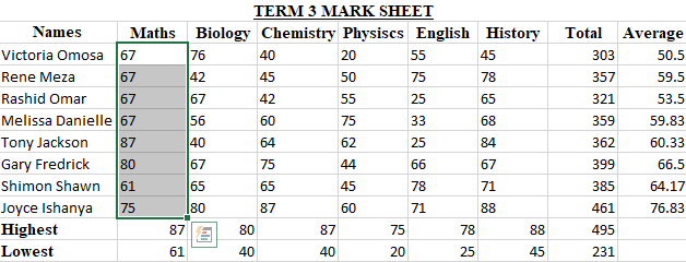 highlight the data