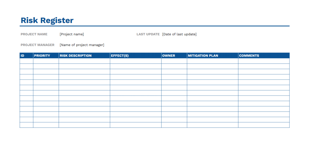 Preview of a blue-themed risk register Google spreadsheet