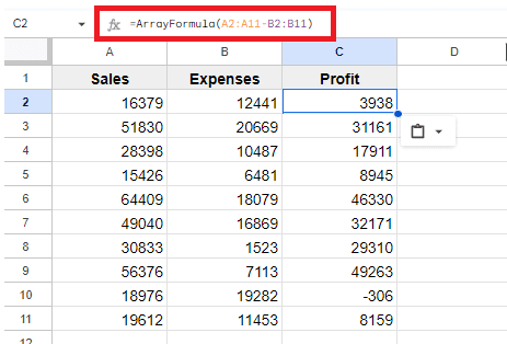 Example of an array formula