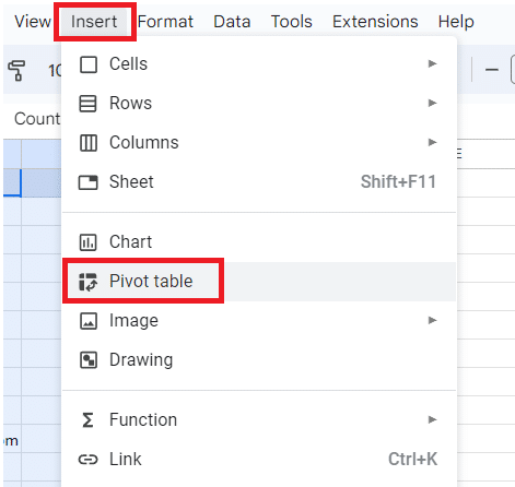 Go to Insert > Pivot table.