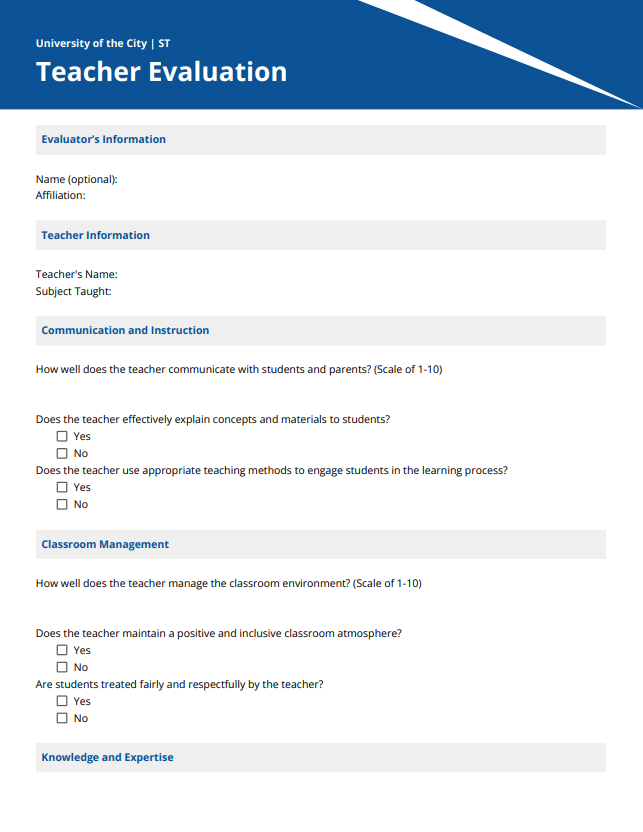 Preview of teacher evaluation questionnaire