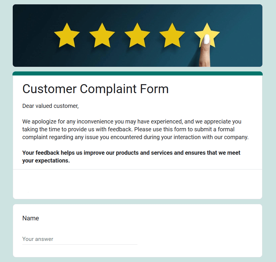 Preview of a customer complaint form