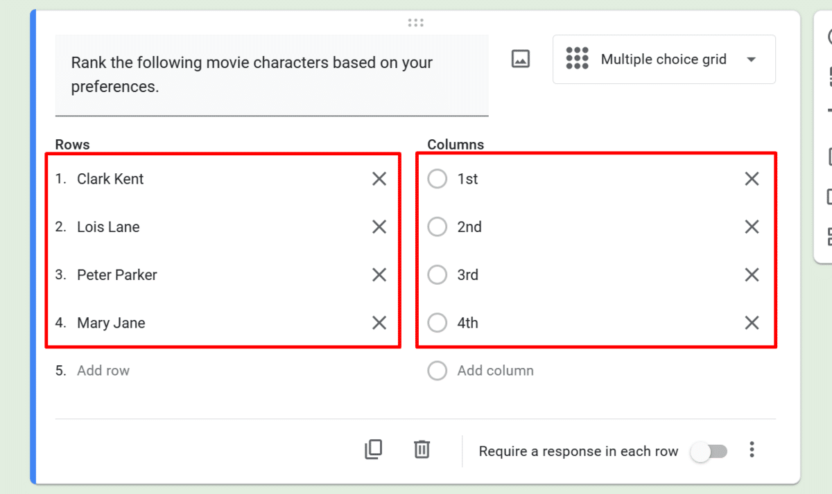 Adding values to rows columns multiple choice grid