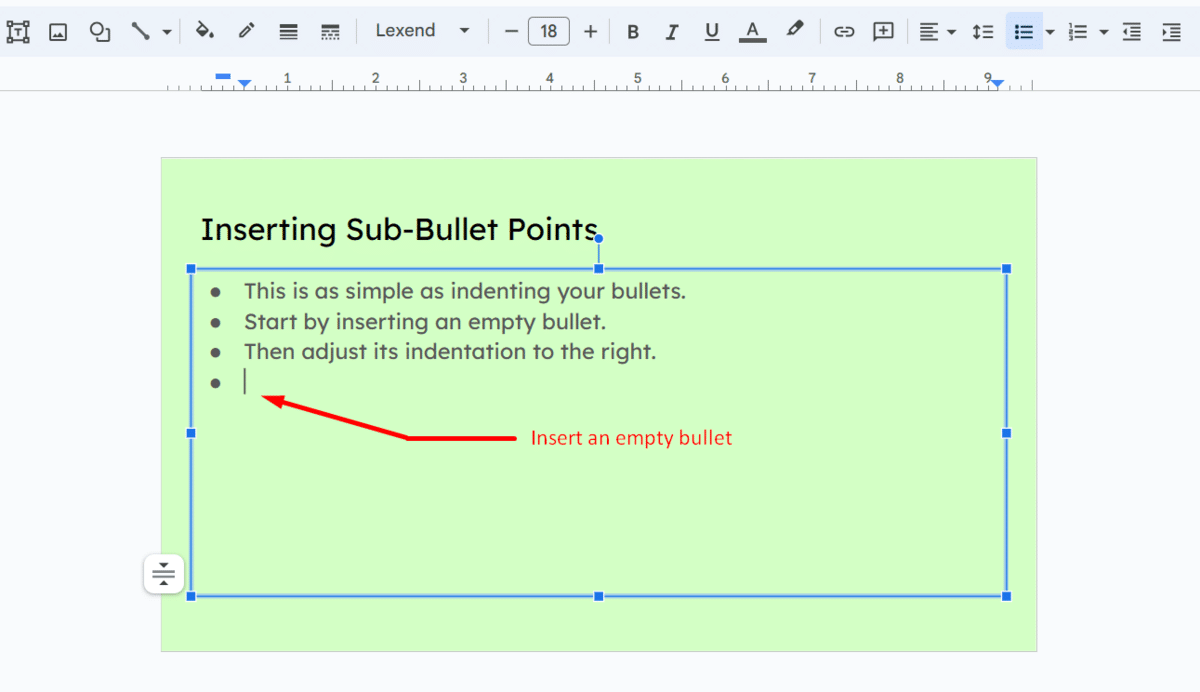 How to insert an empty bullet in Google Slides