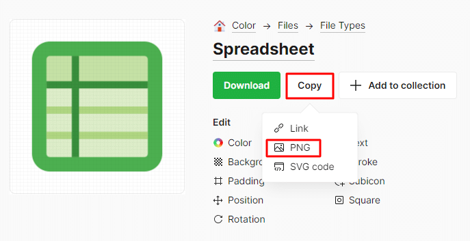 How to copy the PNG file of icons from Icons8