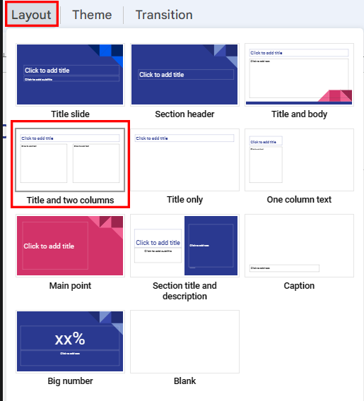 Title and two columns in Google Slides
