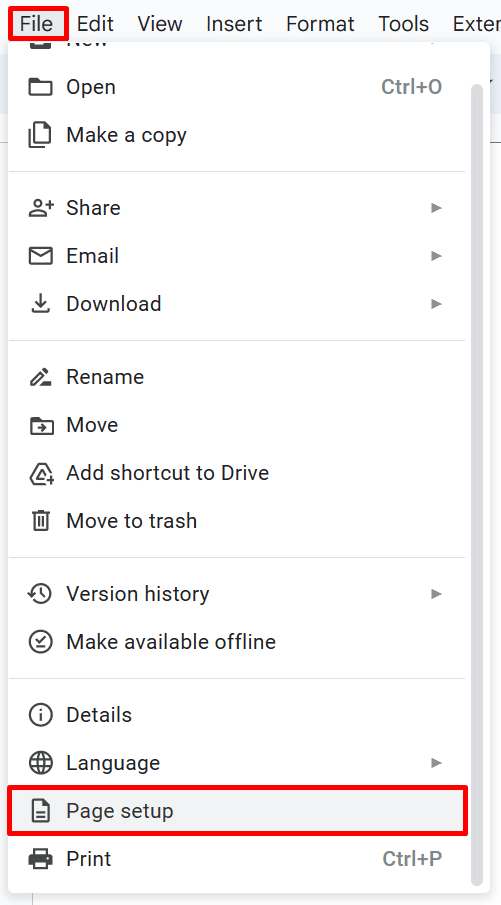 Where to find the page setup options in Google Docs