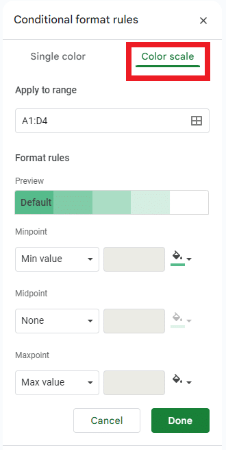 The color scale option within Conditional formatting rules.