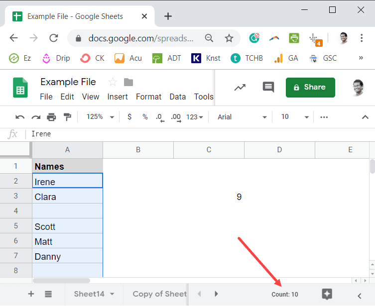 COUNT value in the taskbar in Google Sheets