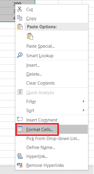 Right-click on the selected cells and click on Format cells