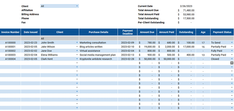 Free Google Sheets accounting template—invoice tracking template