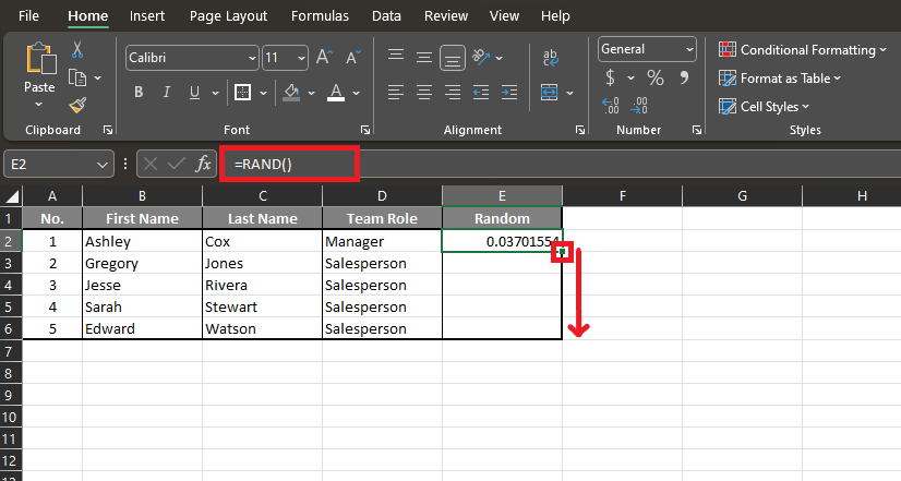 How to randomize a list in Excel—example spreadsheet with data 