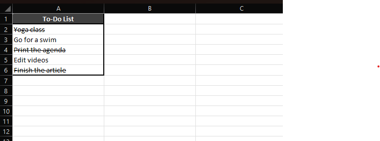 Example of using strikethrough on selected Excel cells