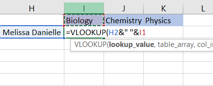 Combine the headers with the formula H2&” “&I1